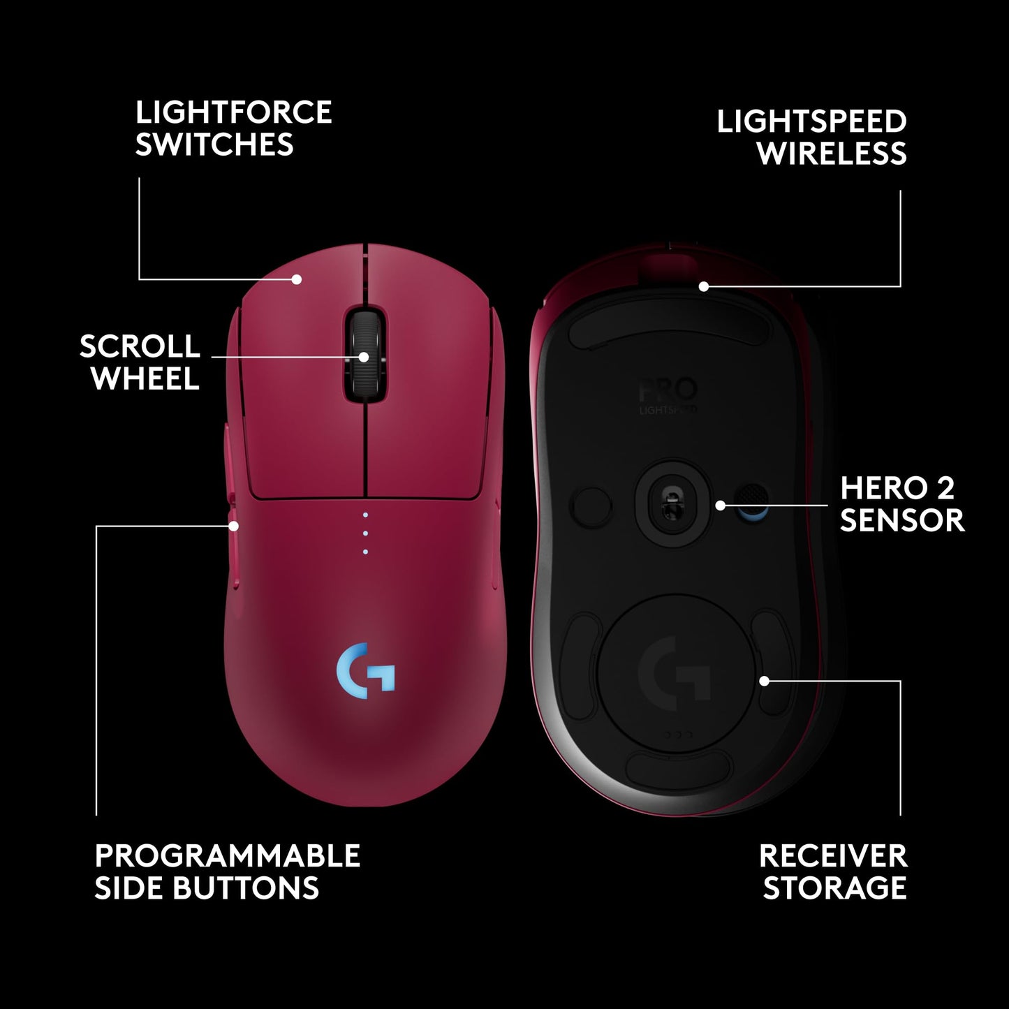 Logitech G PRO 2 Lightspeed Wireless Gaming Mouse, Right- or Left-Handed Mouse with up to 4 Customizable and Switchable Magnetic Side Buttons, 44K DPI Sensor, USB-C Charging, for PC/Mac - Magenta