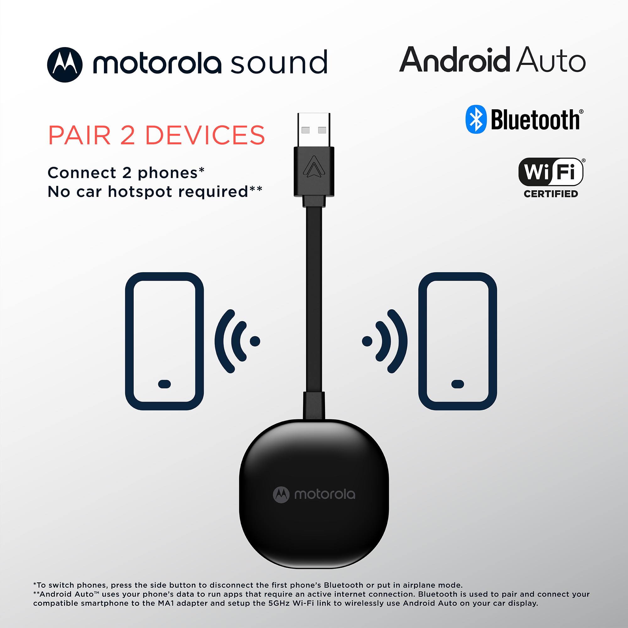 Motorola Sound MA1, The Only Google Authorized Wireless Android Auto Car Adapter, Smartphone to Screen Wireless Bridge Car Accessories, USB Type-A
