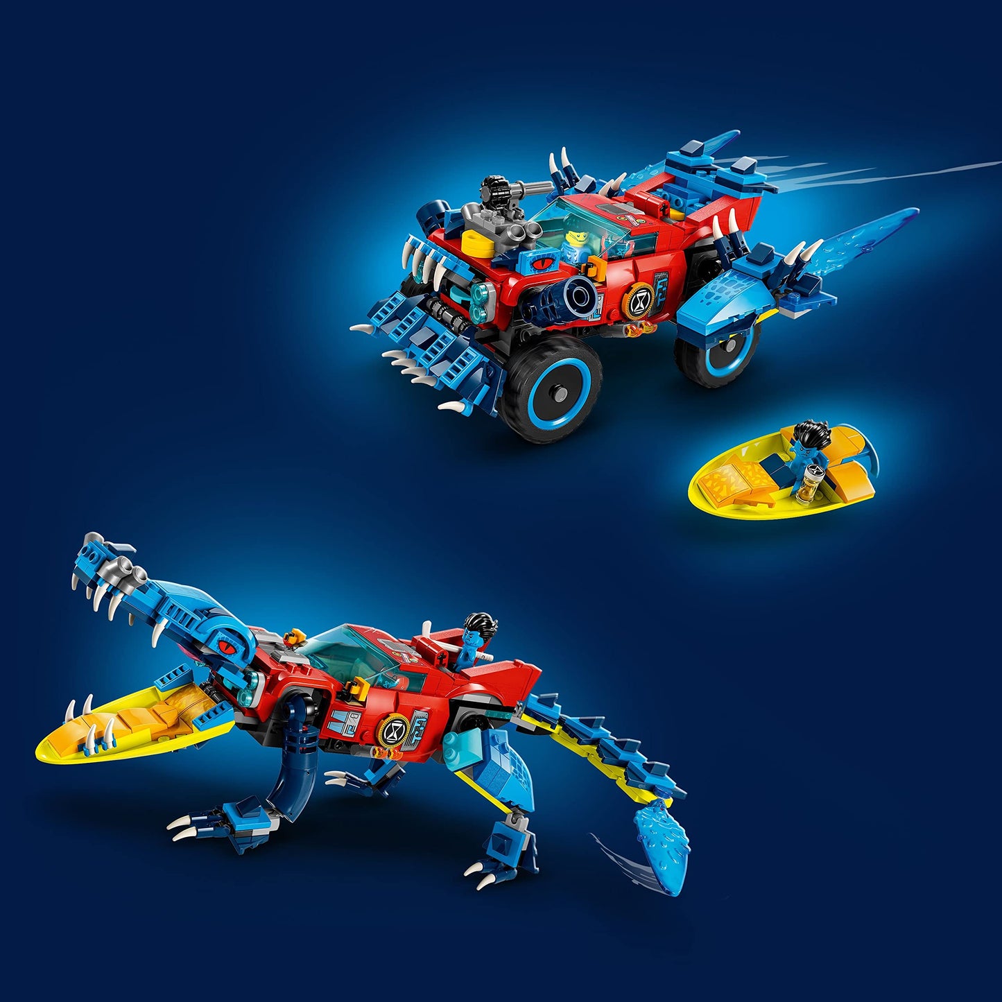 LEGO DREAMZzz Crocodile Car 71458 Building Toy Set, Rebuilds from Car to Off-Roader Truck Toy and Mini-Boat, Features Cooper, Jayden, and The Night Hunter Minifigures, Birthday Gift for 8 Year Olds