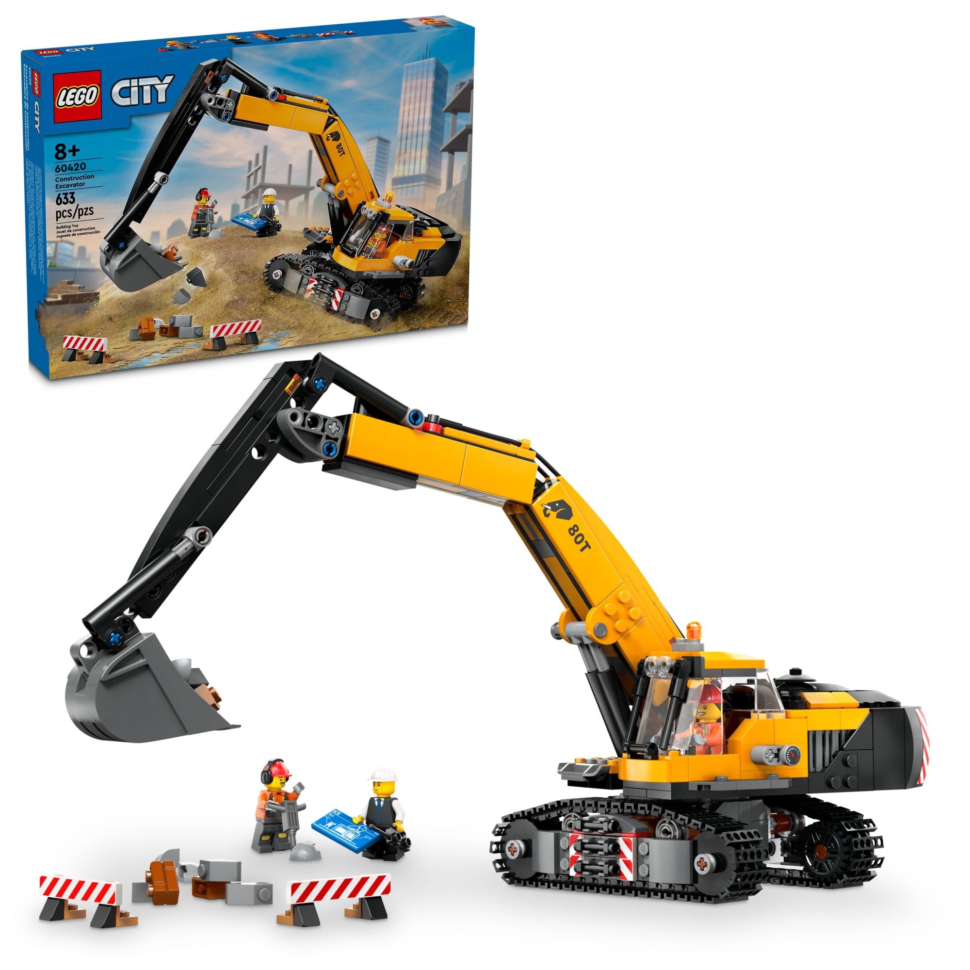 LEGO City Yellow Construction Excavator Toy Digger for Boys and Girls Ages 8 and Up, 3 Construction Worker Minifigures Included for Fun Pretend Play, Birthday for Kids, 60420