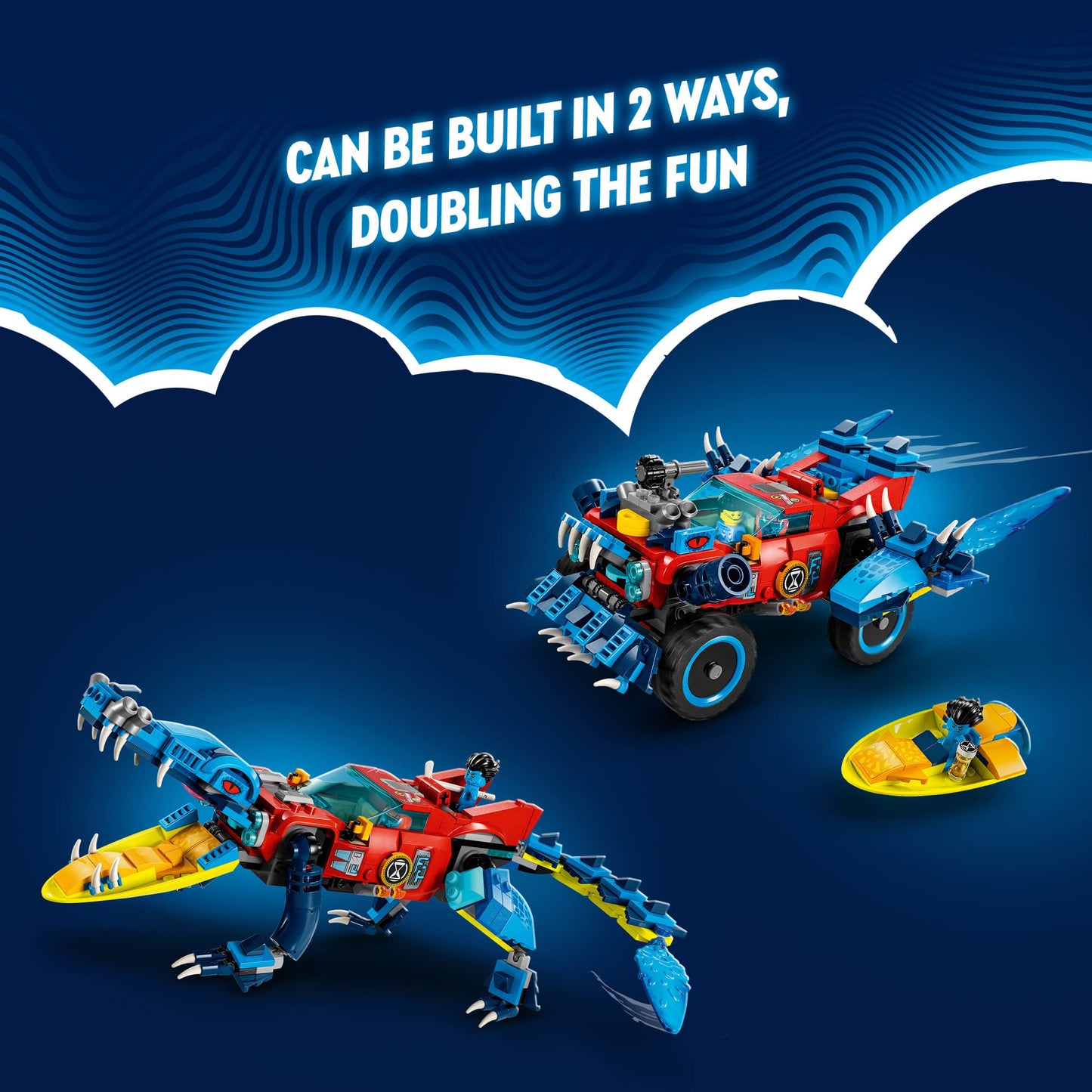 LEGO DREAMZzz Crocodile Car 71458 Building Toy Set, Rebuilds from Car to Off-Roader Truck Toy and Mini-Boat, Features Cooper, Jayden, and The Night Hunter Minifigures, Birthday Gift for 8 Year Olds